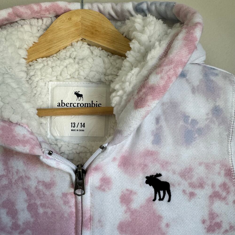 Abercrombie Kids Girls Pink Sherpa Full Zip Hoodie Sweater Tie-Die Hooded - Picture 2 of 10